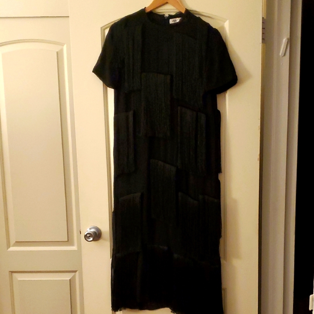 Zara Elegant Black Fringe Midi Dress With Hidden Back Zipper.